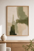 abstract in sage and sand, styled interior
