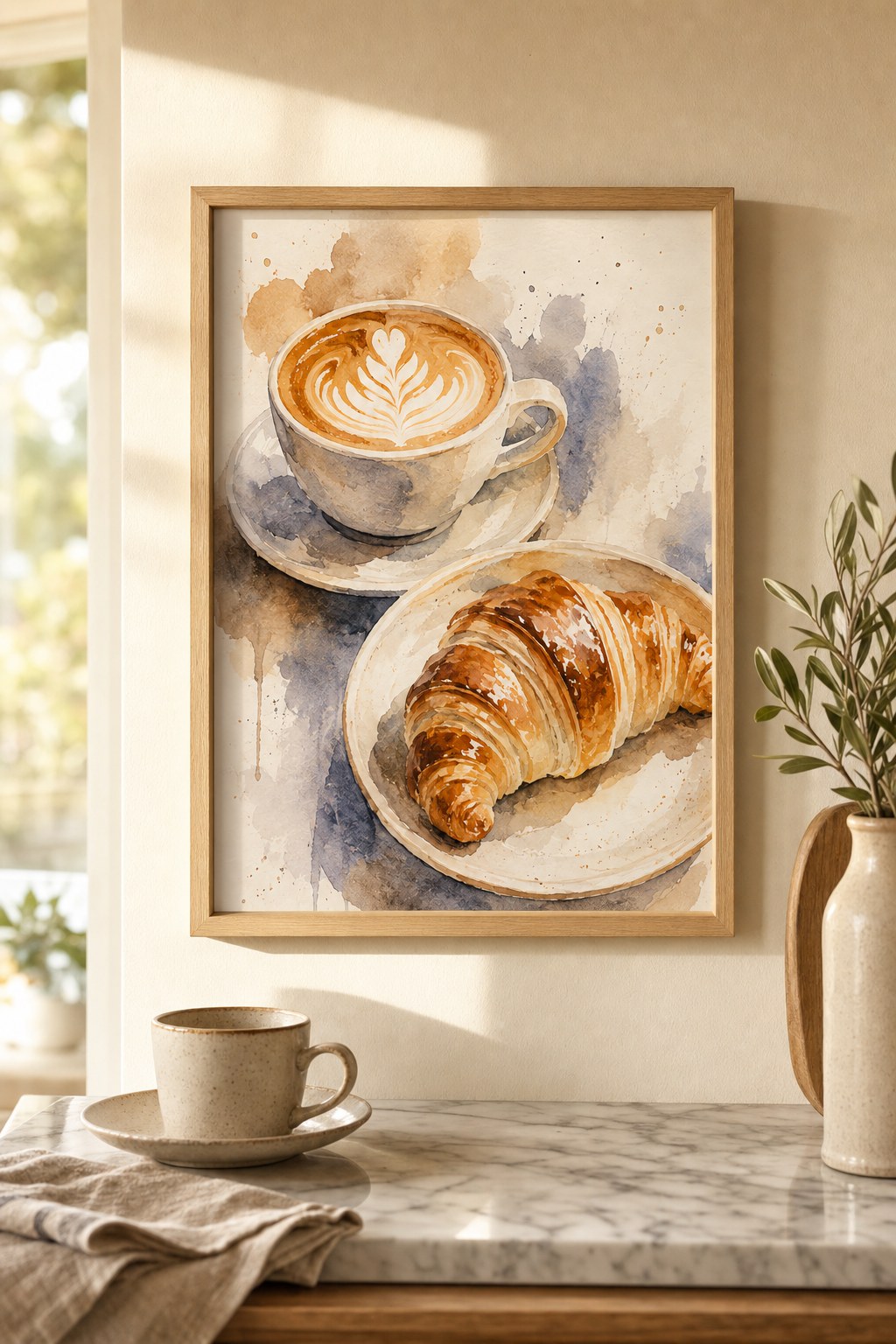 cafe au lait and croissant, styled interior