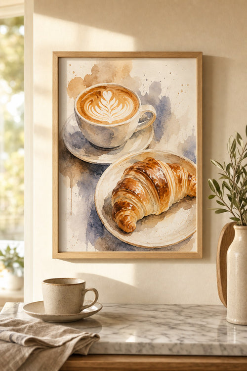 cafe au lait and croissant, styled interior