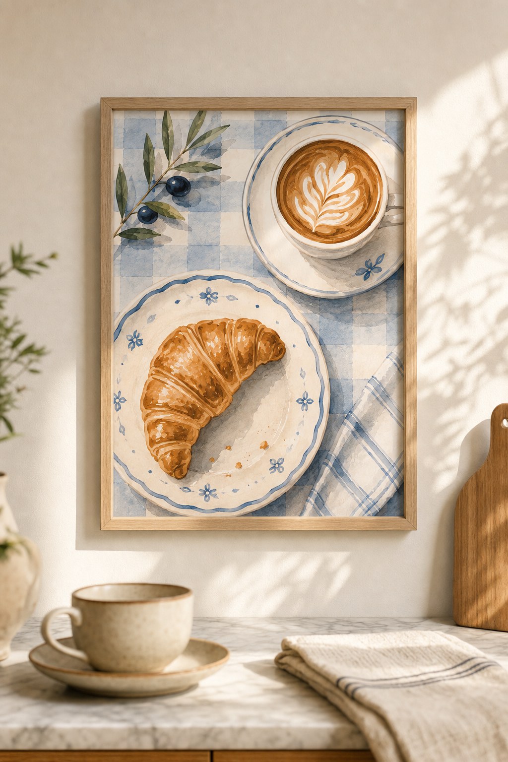 croissant and cafe au lait, styled interior