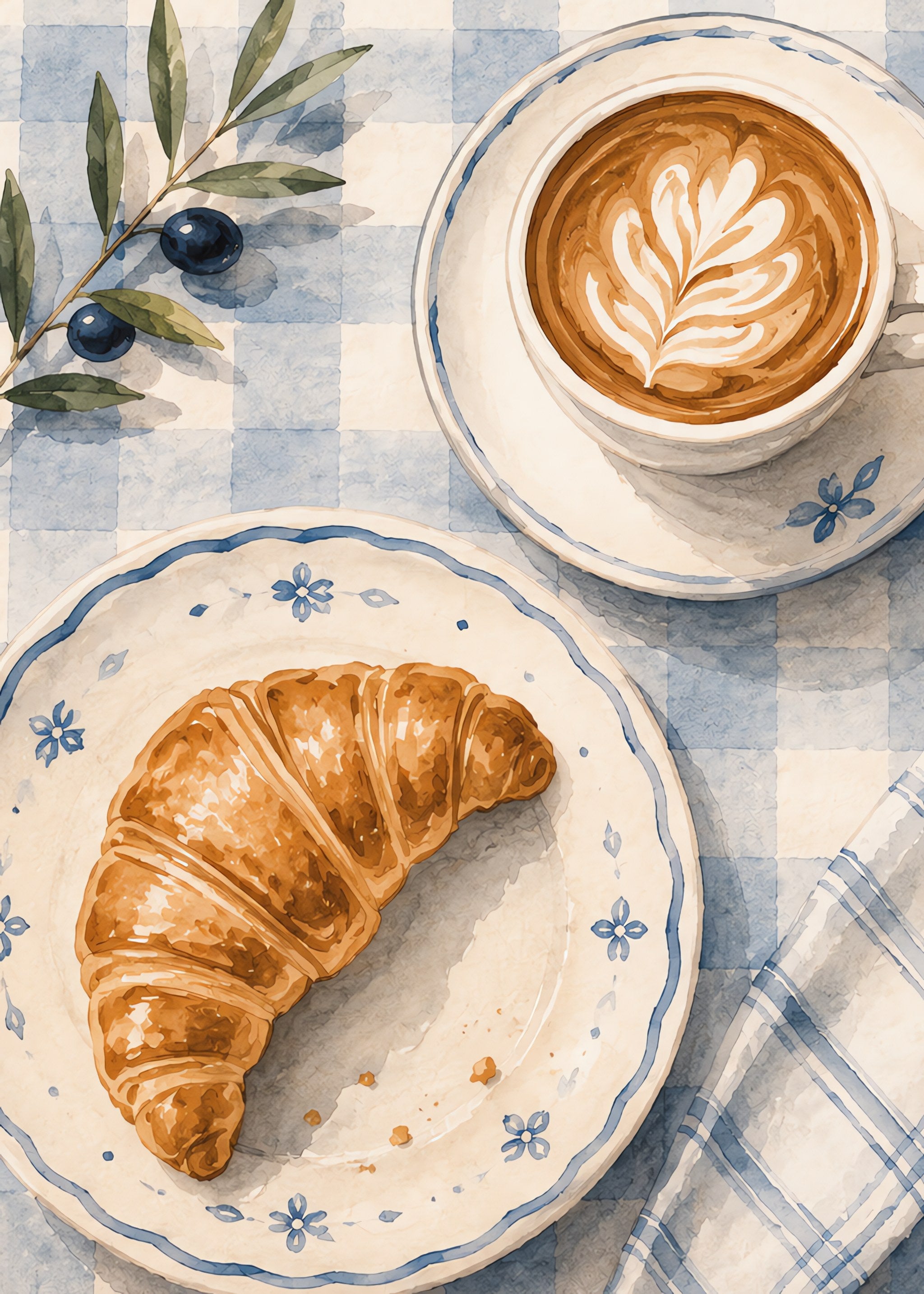 croissant and cafe au lait, flat artwork