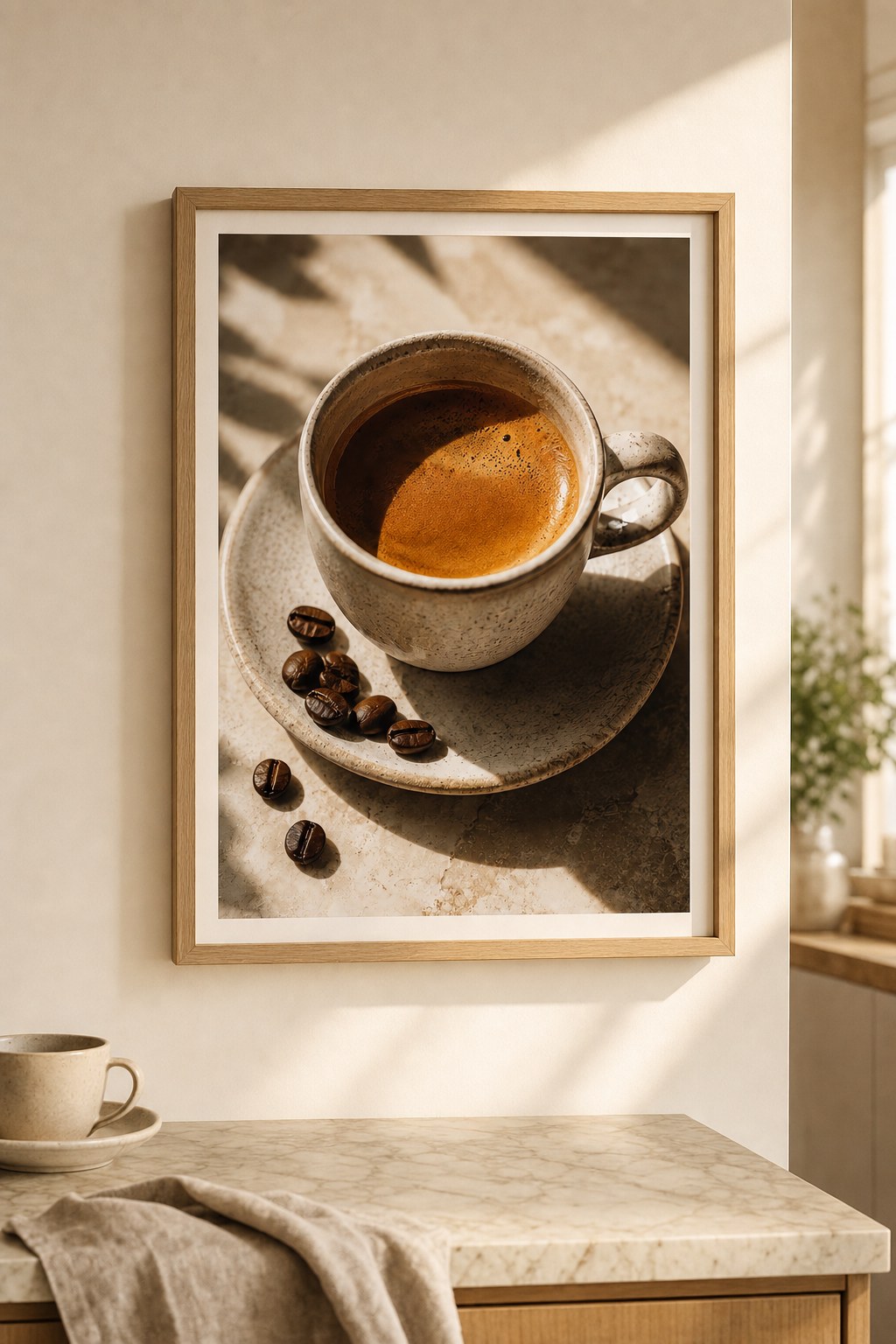 espresso in morning light, styled interior